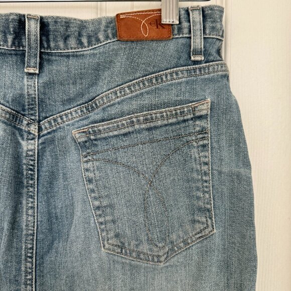 Calvin Klein Vintage Mini Jean Skirt, Blue, Medium Wash with Middle Slit, 2 - Picture 11 of 16